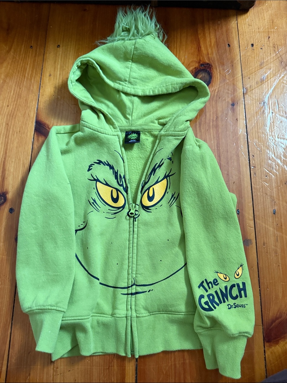 The Grinch Kids' Green Hooded Zip-Up Sweatshirt with Faux-Fur Trim